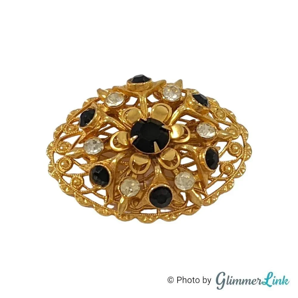 Vintage Oval Ornate Filigree Black Rhinestone Gold Tone Brooch Pin
